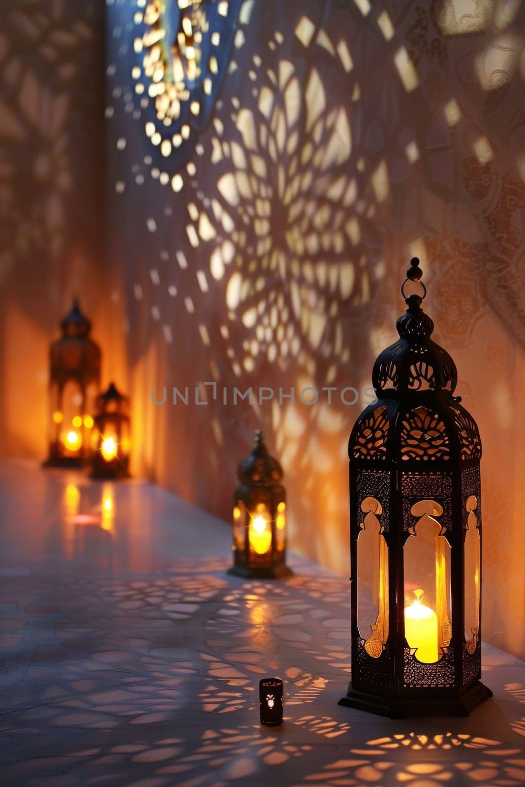 Traditional Islamic lanterns against a clean backdrop, symbolizing celebration and festivity.