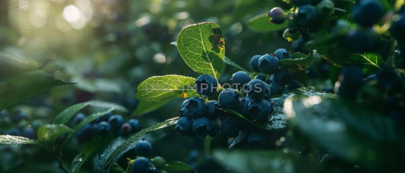Dew-covered blueberries nestled among lush green leaves on a twisting vine, creating a serene and tranquil natural scene.