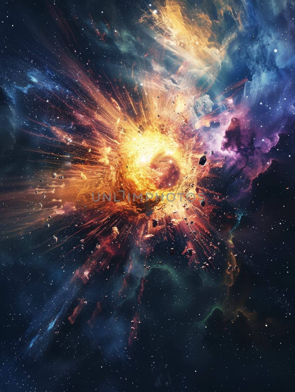 A dazzling cosmic explosion radiates a spectrum of incandescent hues, sending streaks of celestial fire across the inky expanse of the universe