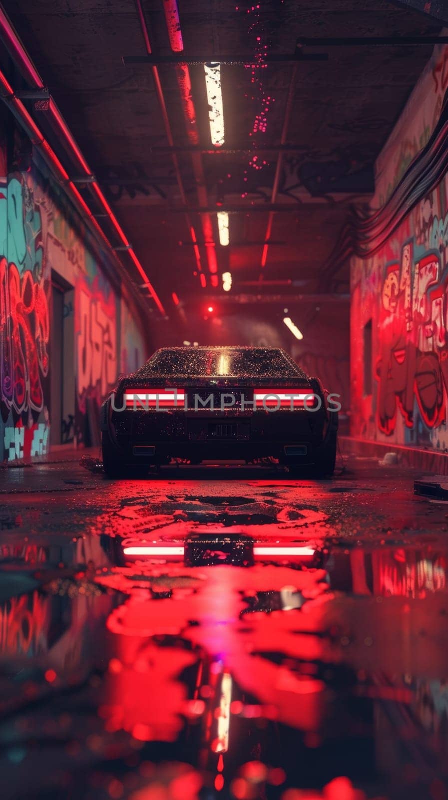 A sleek retro car bathed in neon glow stands out in a dimly lit alley adorned with vibrant graffiti, reflecting on the wet asphalt below