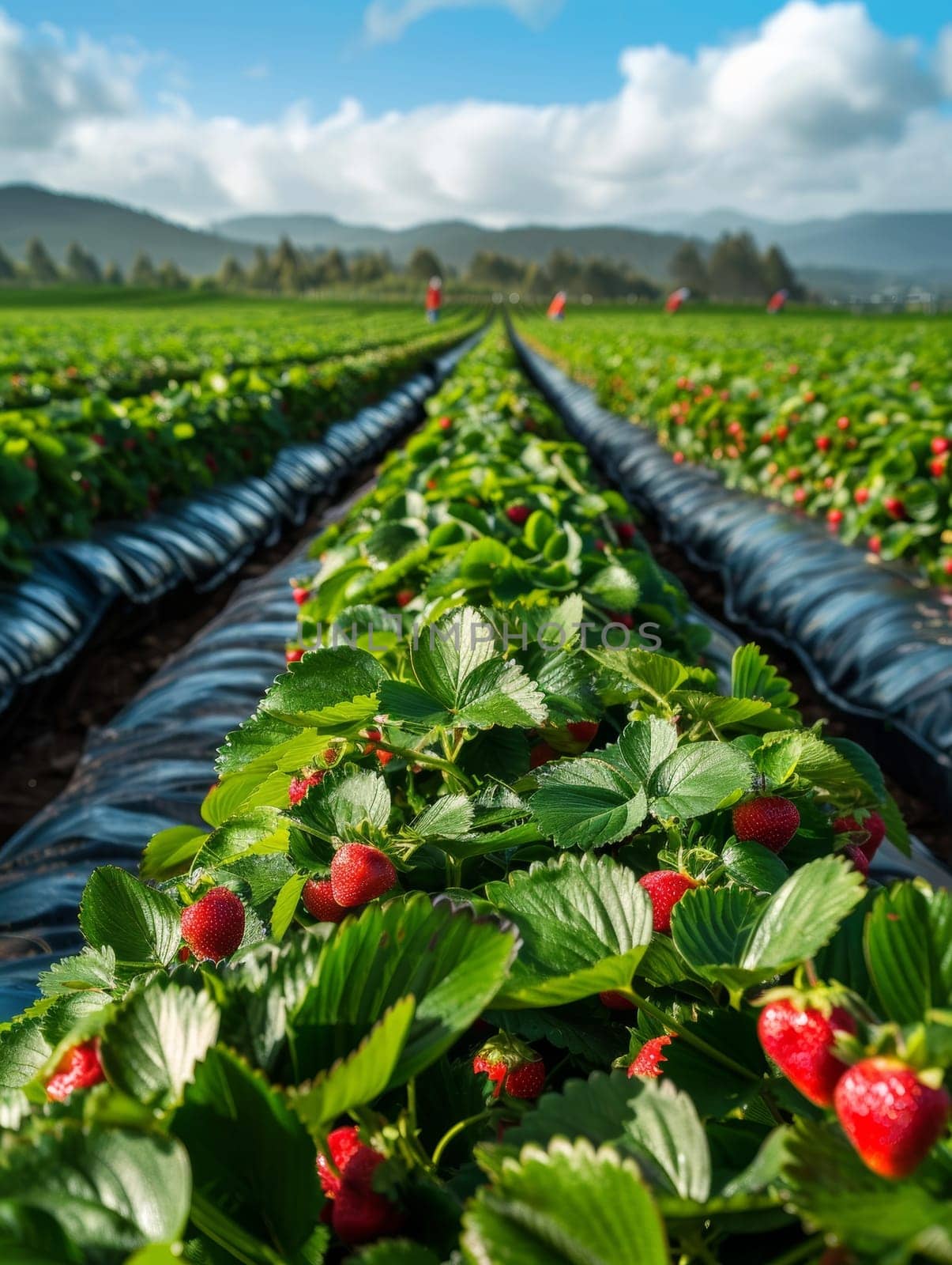 Rows of bright red strawberries nestle amidst the lush green foliage, stretching out across the undulating landscape beneath a picturesque cloudy sky