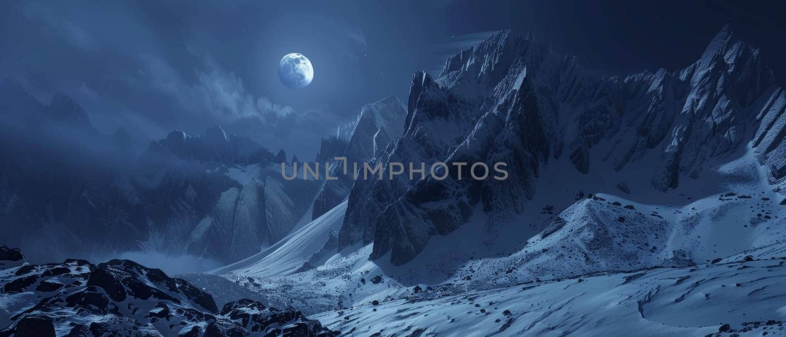 A serene moonlit scene highlighting the rugged textures of an alpine landscape blanketed in snow, with a backdrop of a star-studded sky