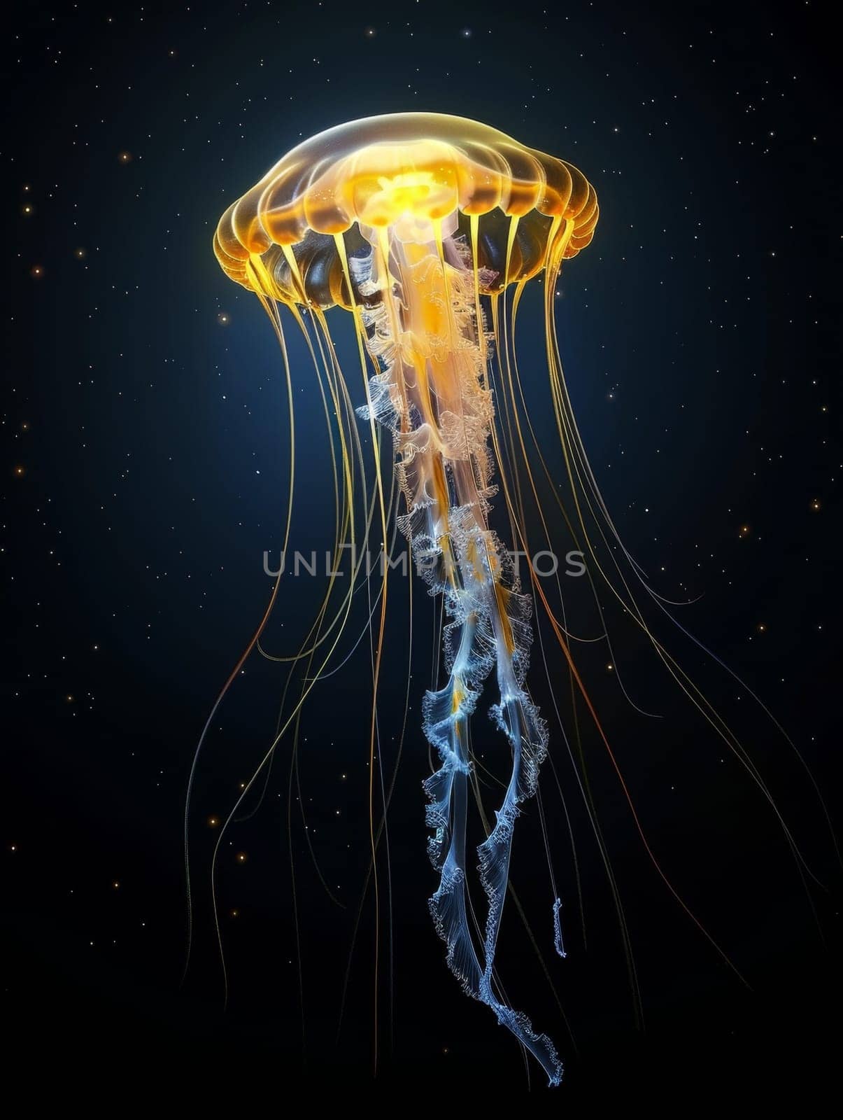 A jellyfish with a translucent, dome-shaped bell with patterns of white spots and orange coloration near the edges, illuminated against a dark background