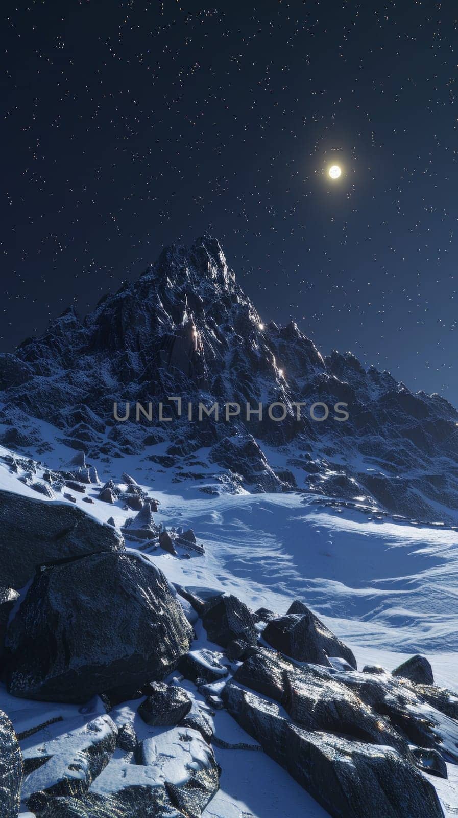 The captivating sight of a solitary peak under a night sky, illuminated by a radiant moon amidst the glistening constellations