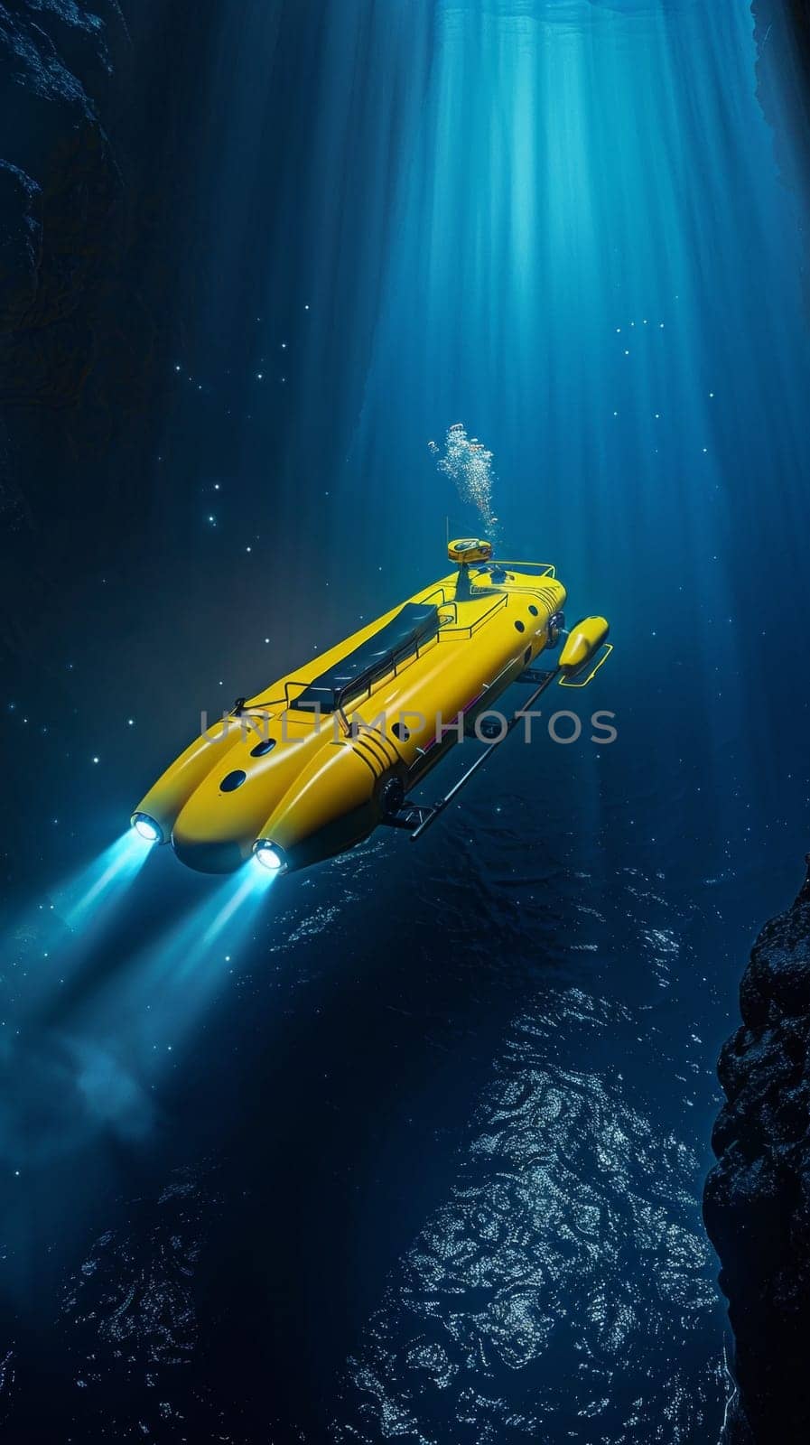 A yellow submersible craft glides through the captivating underwater world, illuminated by its powerful lights against the dramatic backdrop of the deep azure sea and cascading sunlight beams