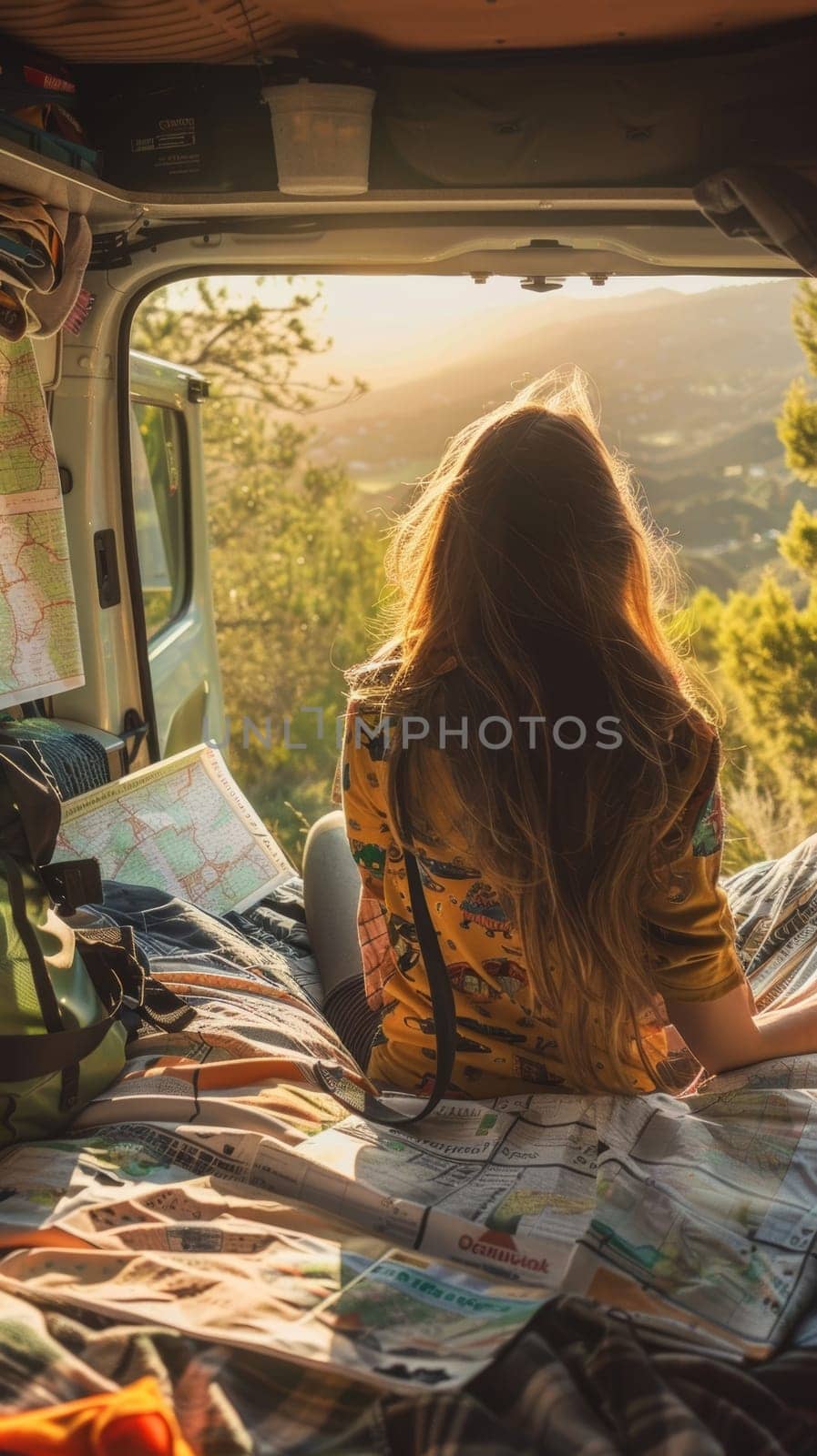 A woman seated in the back of a cozy campervan, surrounded by personal items, maps and outdoor gear, gazing out at the scenic forest landscape through the vehicle's window