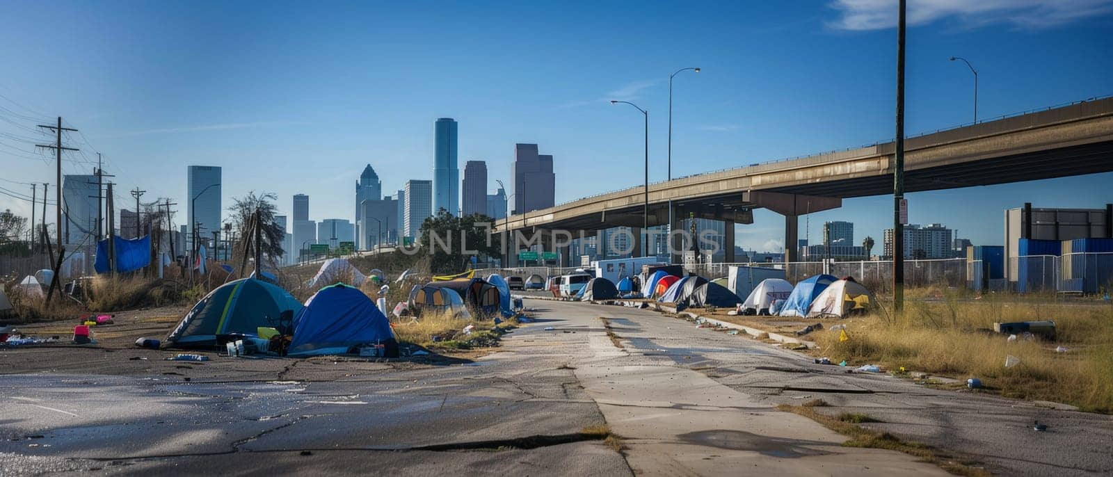 Tents crowd an abandoned roadway, juxtaposed with a city skyline, painting a picture of life on the margins in the shadow of urban growth