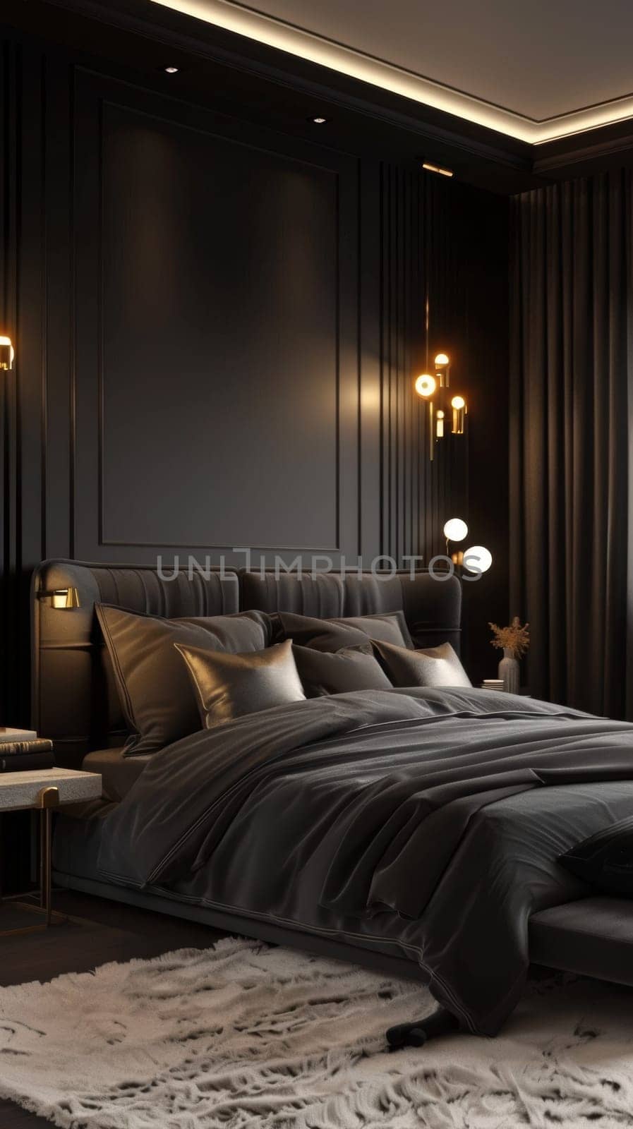 A striking, all-black bedroom exuding a sense of sophisticated serenity. Decorative moldings, statement lighting, and a plush, tufted headboard create a captivating and cozy sanctuary