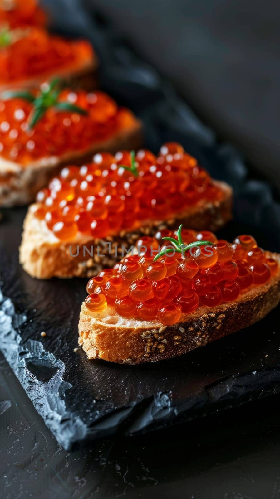 Delectable caviar canapes made with crispy toast and topped with vibrant red caviar pearls, creating an elegant and sophisticated appetizer
