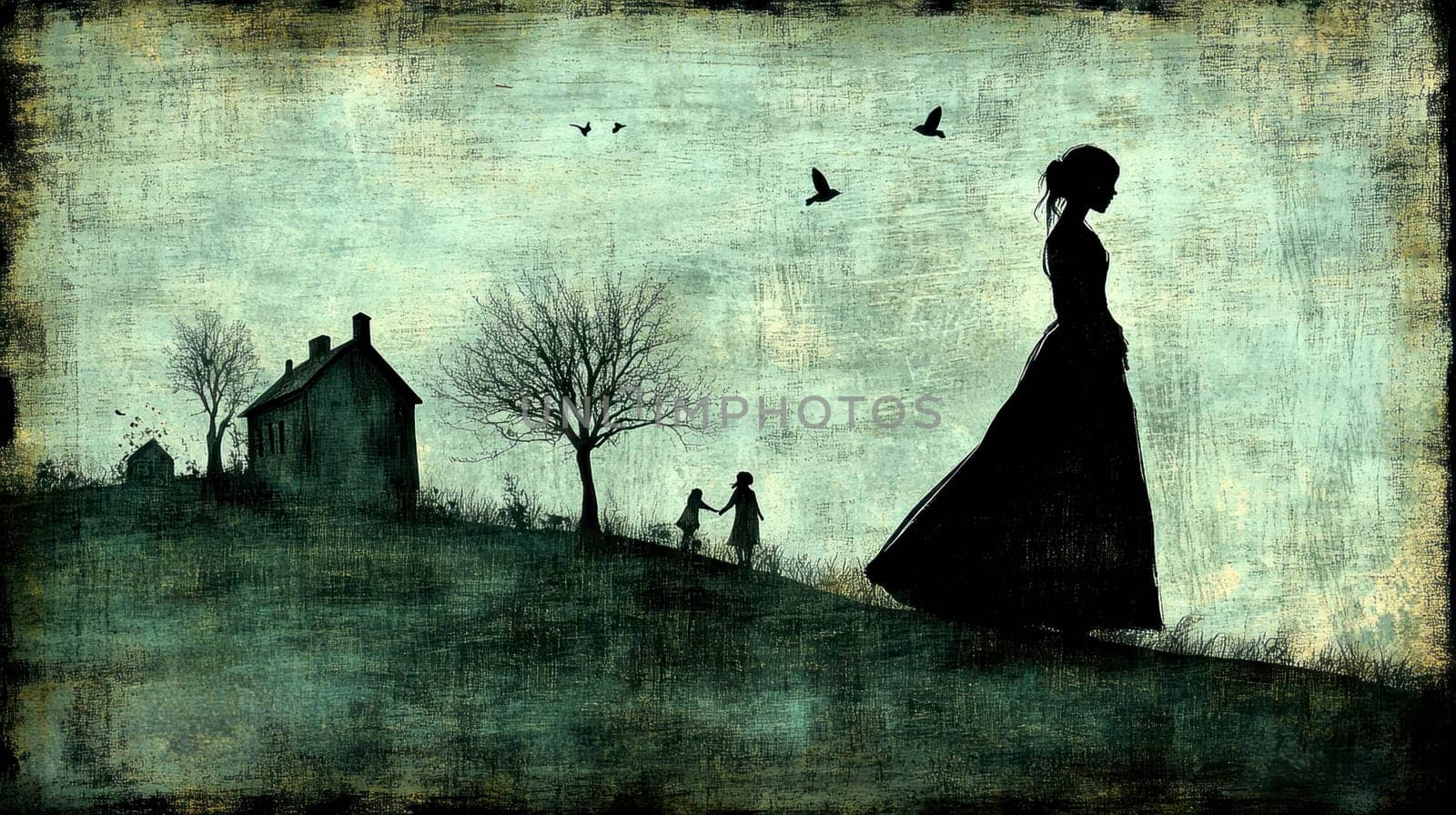 Little girls playing in the garden,in the sky birds and in the distance you can see the house.AI generative.
