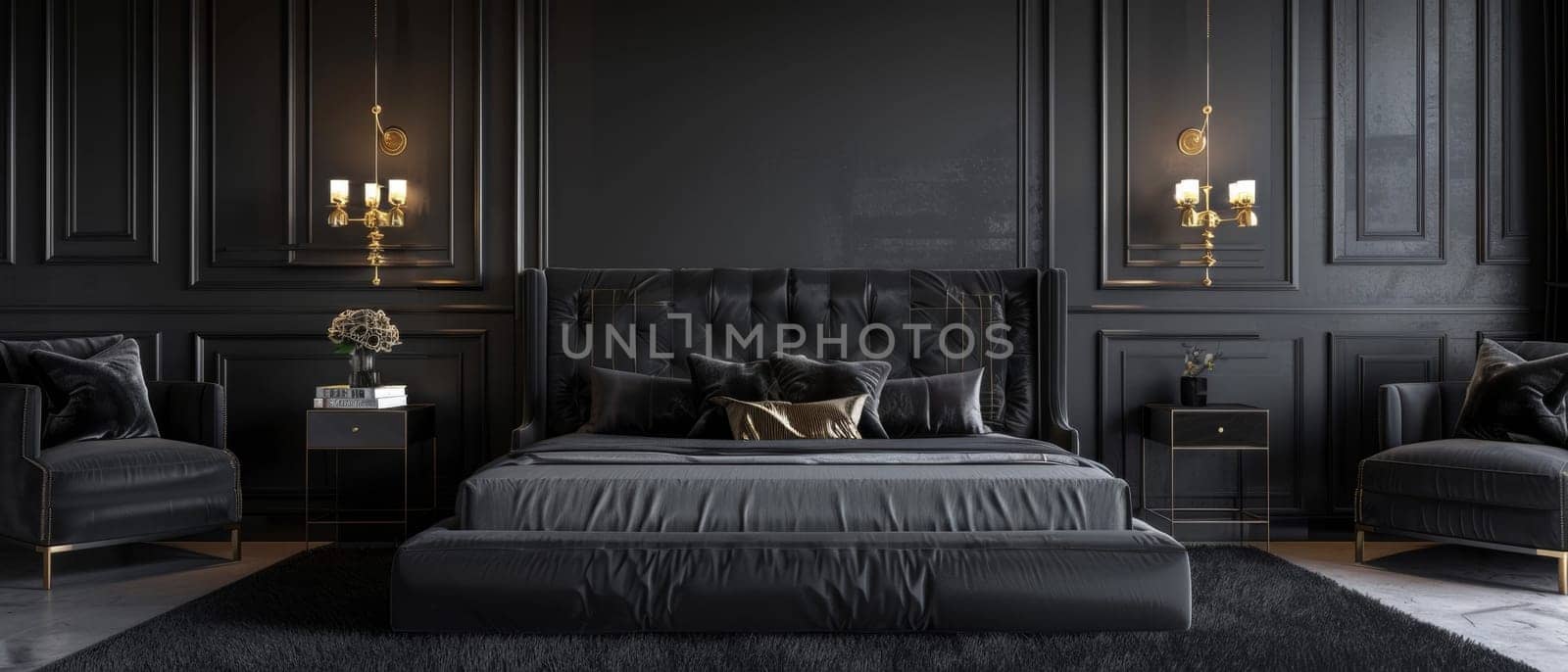 This opulent dark bedroom creates a lavish, cocoon-like retreat with its deep charcoal walls, sumptuous tufted headboard, and gleaming brass accents elevating the space to one of pure sophistication