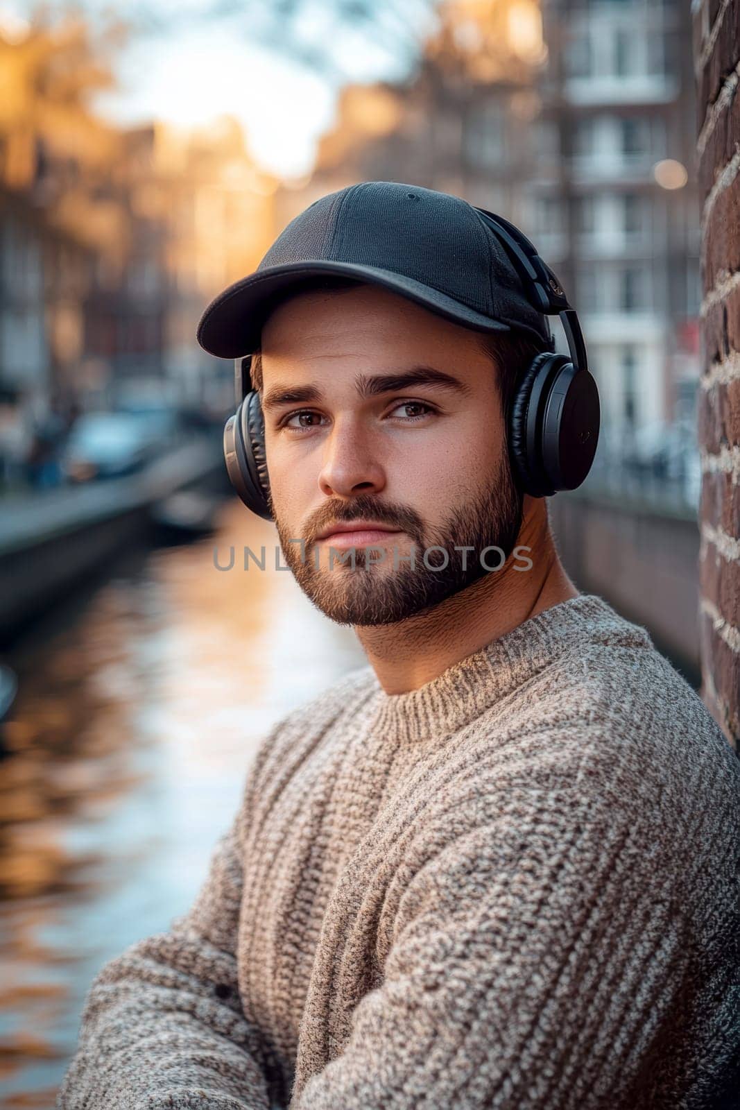 A young man leaning against a wall near the canals, wearing an oversized sweater and a baseball cap, listening to music through his vintage headphones. AI generative.