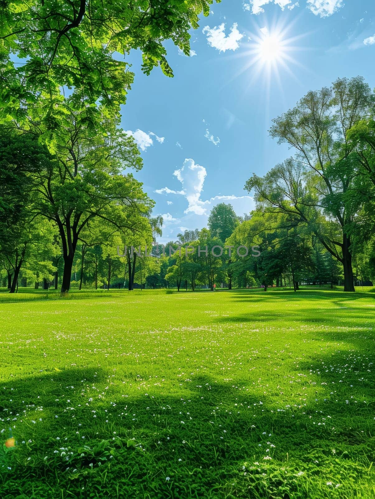 Warm golden sunbeams stream through the lush, green foliage of a vibrant park, creating a captivating play of light and shadow across the expansive grassy meadow
