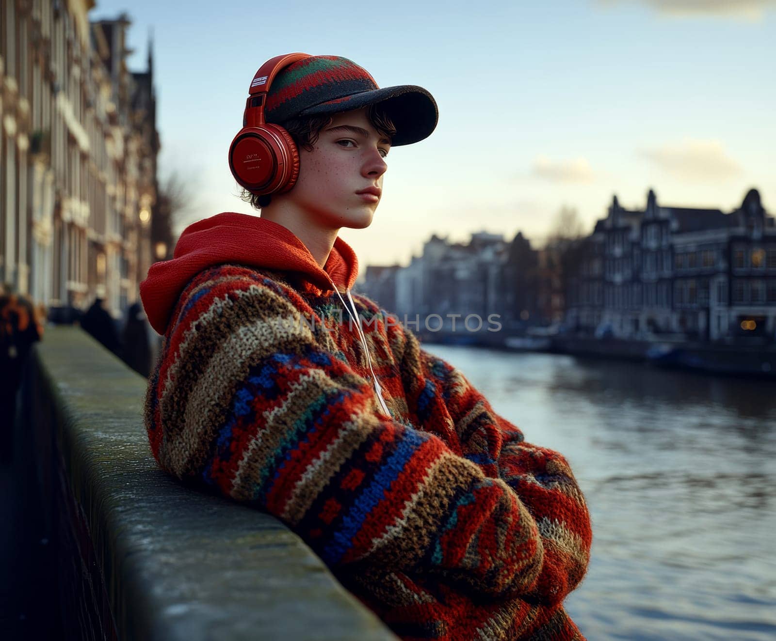 A young man leaning against a wall near the canals, wearing an oversized sweater and a baseball cap, listening to music through his vintage headphones. AI generative.