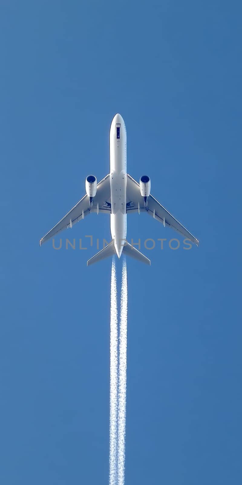 Condensation trails of a flying jet. AI generative.