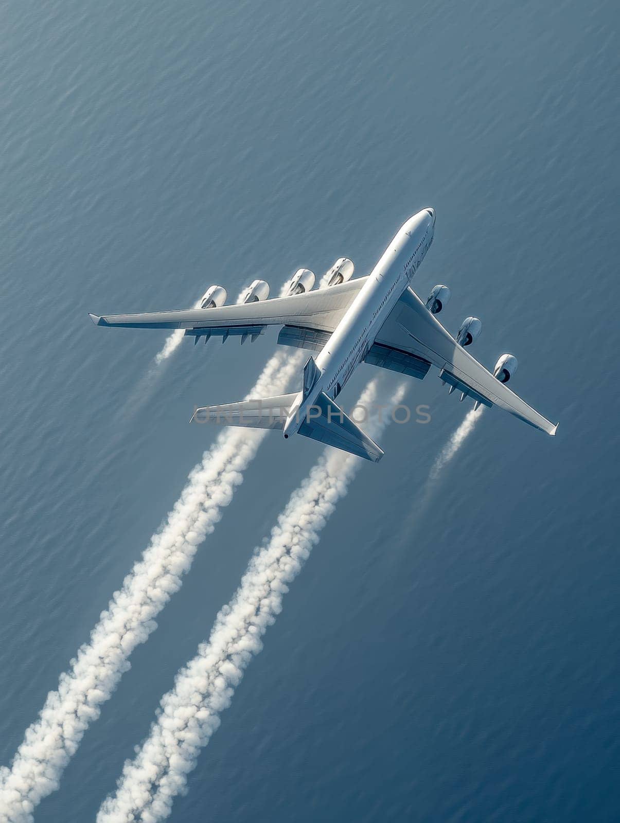 Condensation trails of a flying jet. AI generative.
