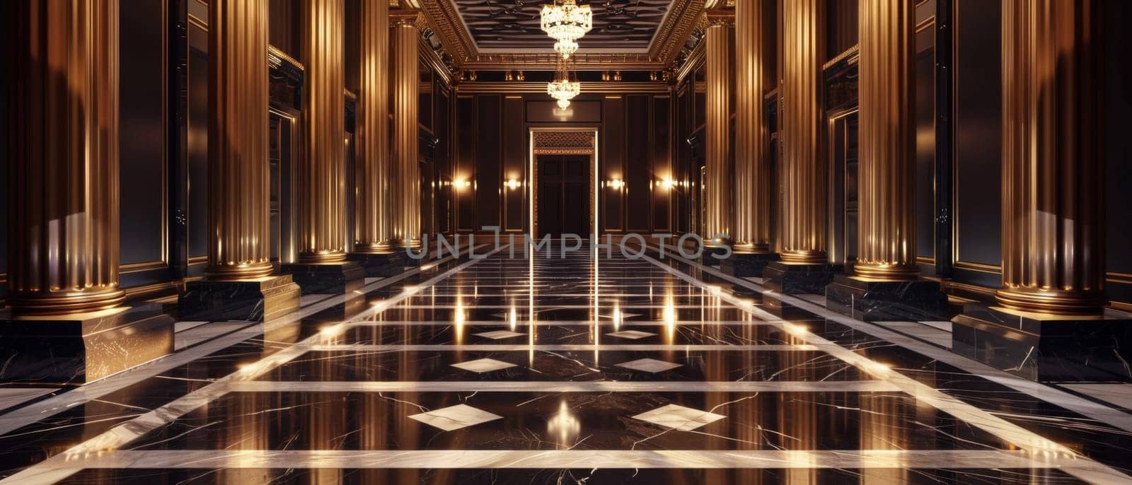 An expansive and palatial hotel entrance with a soaring ceiling, gilded accents, and a striking black and white marble floor, projecting an air of grandeur and exclusivity