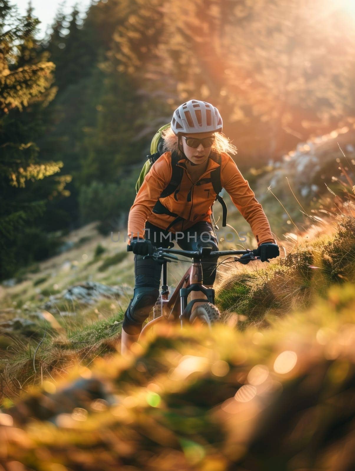 A cyclist in an orange jacket rides a mountain bike on a grassy trail, the sun casting a warm glow over the forested landscape