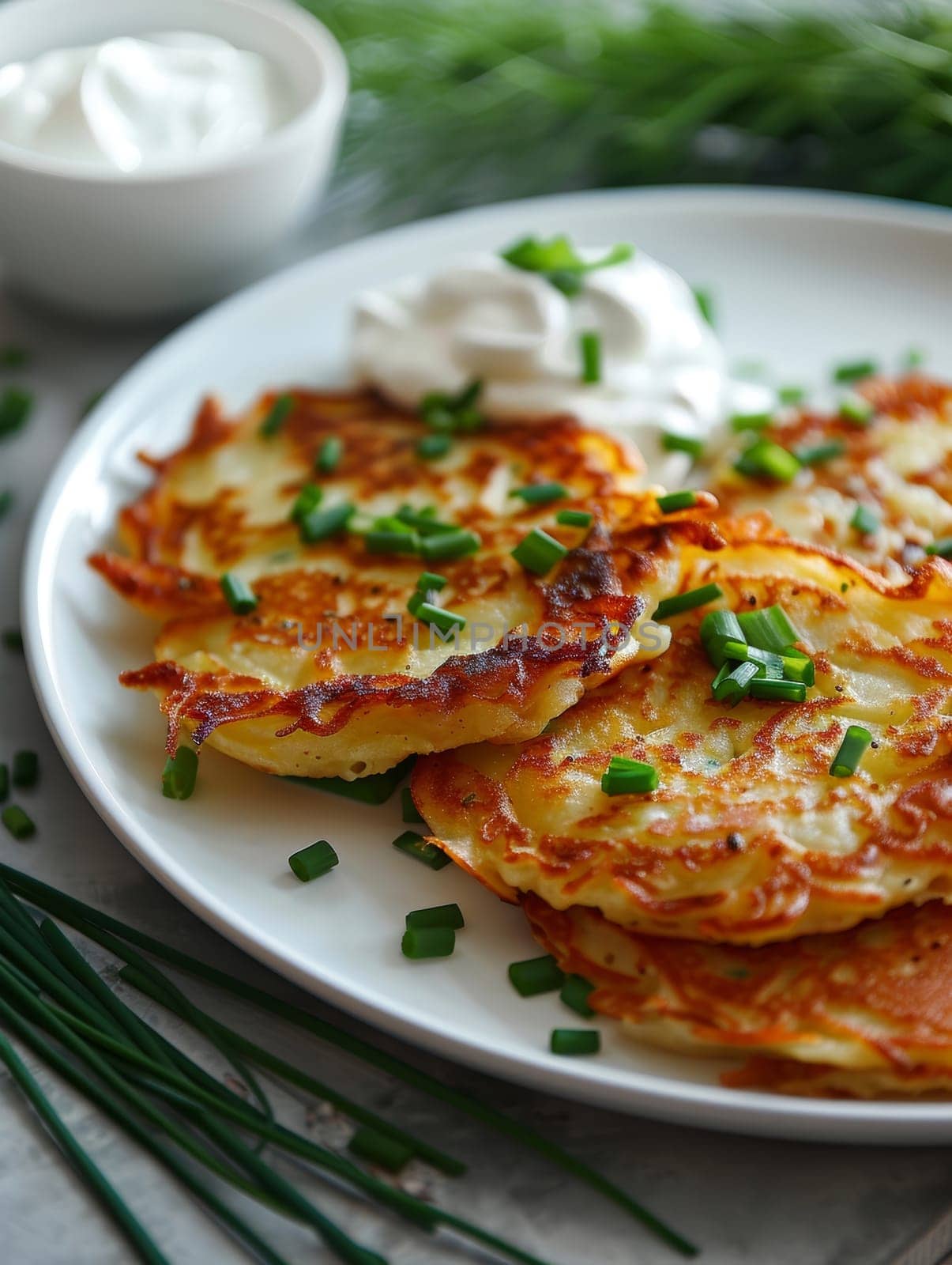 Close-up of golden brown potato pancakes garnished with chives, served with a side of sour cream on a white plate