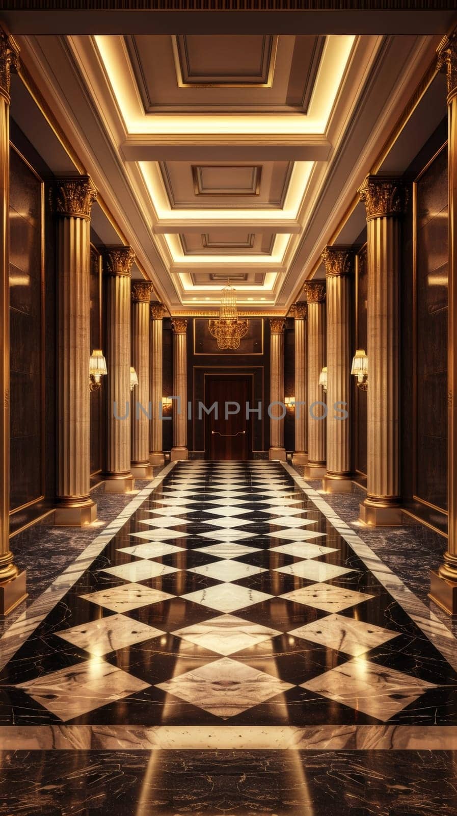 An extravagant hallway adorned with gleaming black and gold marble floors, ornate wall panels, and a brilliantly illuminated ceiling creating a dazzling, lavish atmosphere