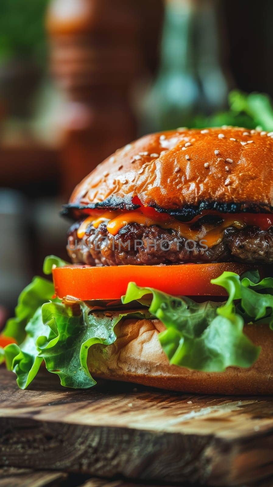 A mouthwatering beef burger with melted cheese, freshly sliced tomato, and crisp lettuce, nestled between a toasted sesame seed bun on a rustic wooden surface