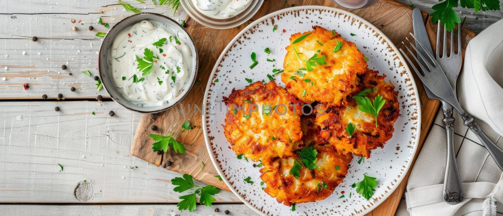 Bite-sized potato fritters coated in a crispy herb-infused breadcrumb crust, served with a cool and creamy yogurt dipping sauce