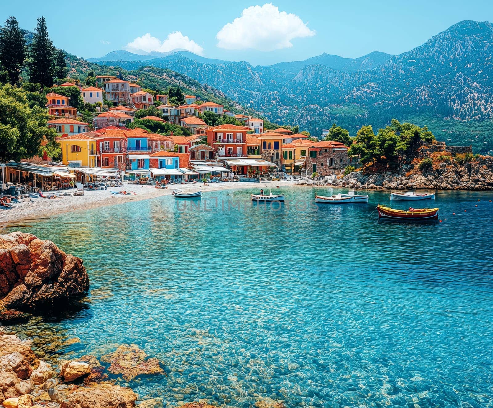 Tourist apartments in Greece on the seashore.AI generative.
