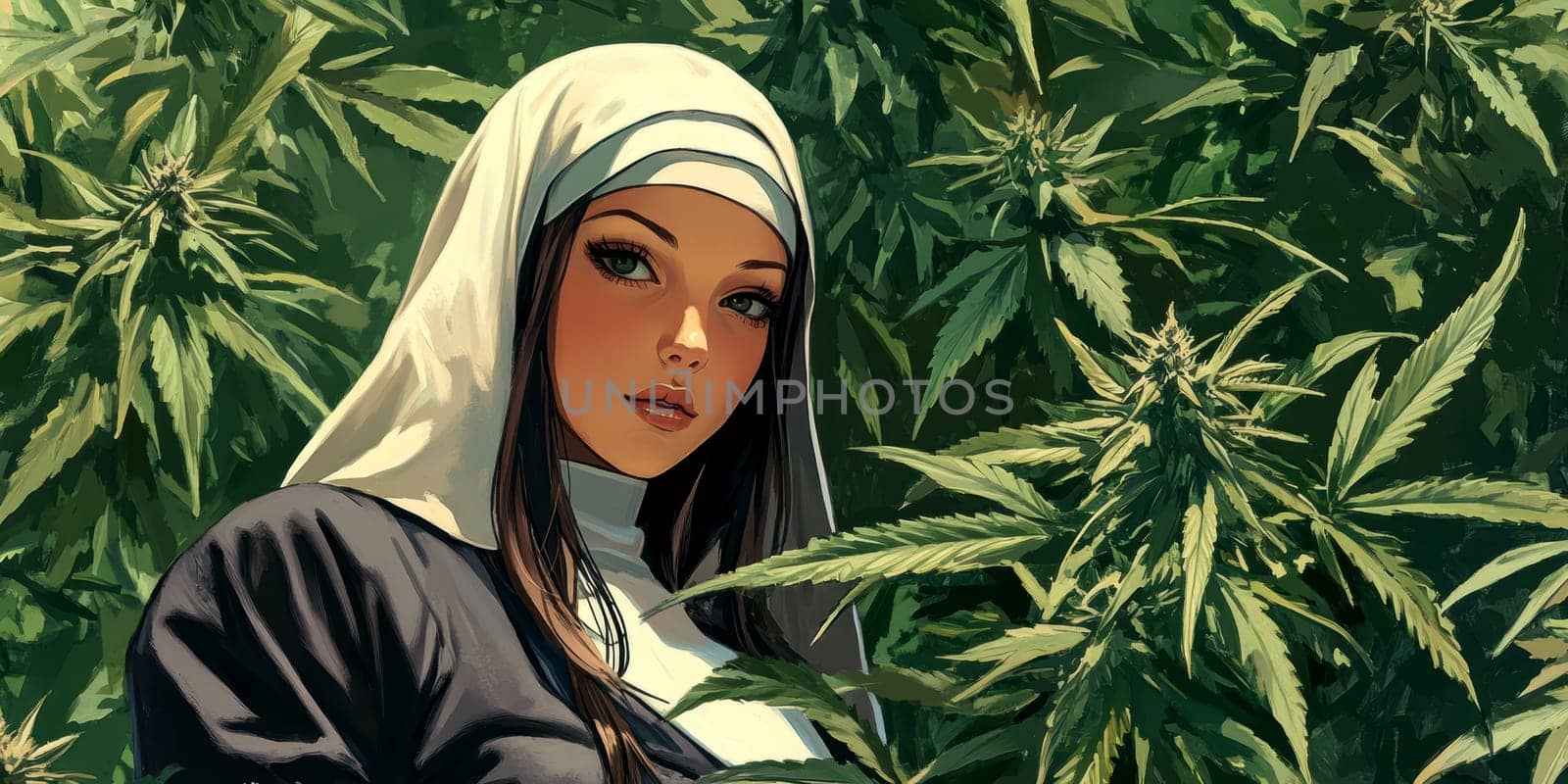 Woman dressed as nun smoking marijuana. AI generative.