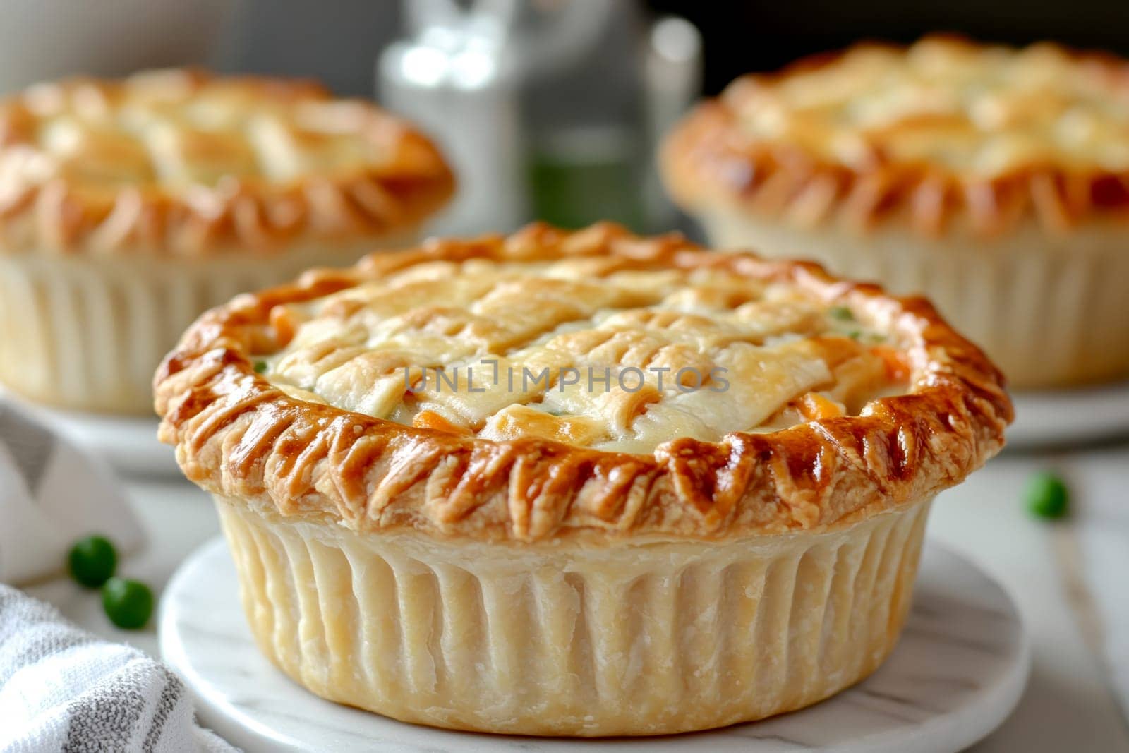 Golden mini chicken pot pie muffins with a flaky crust and creamy filling of chicken. AI generative.