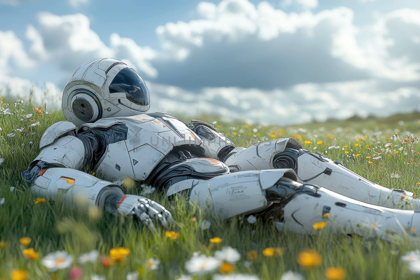 a robot, the robot lies on a green meadow with flowers. AI generative.