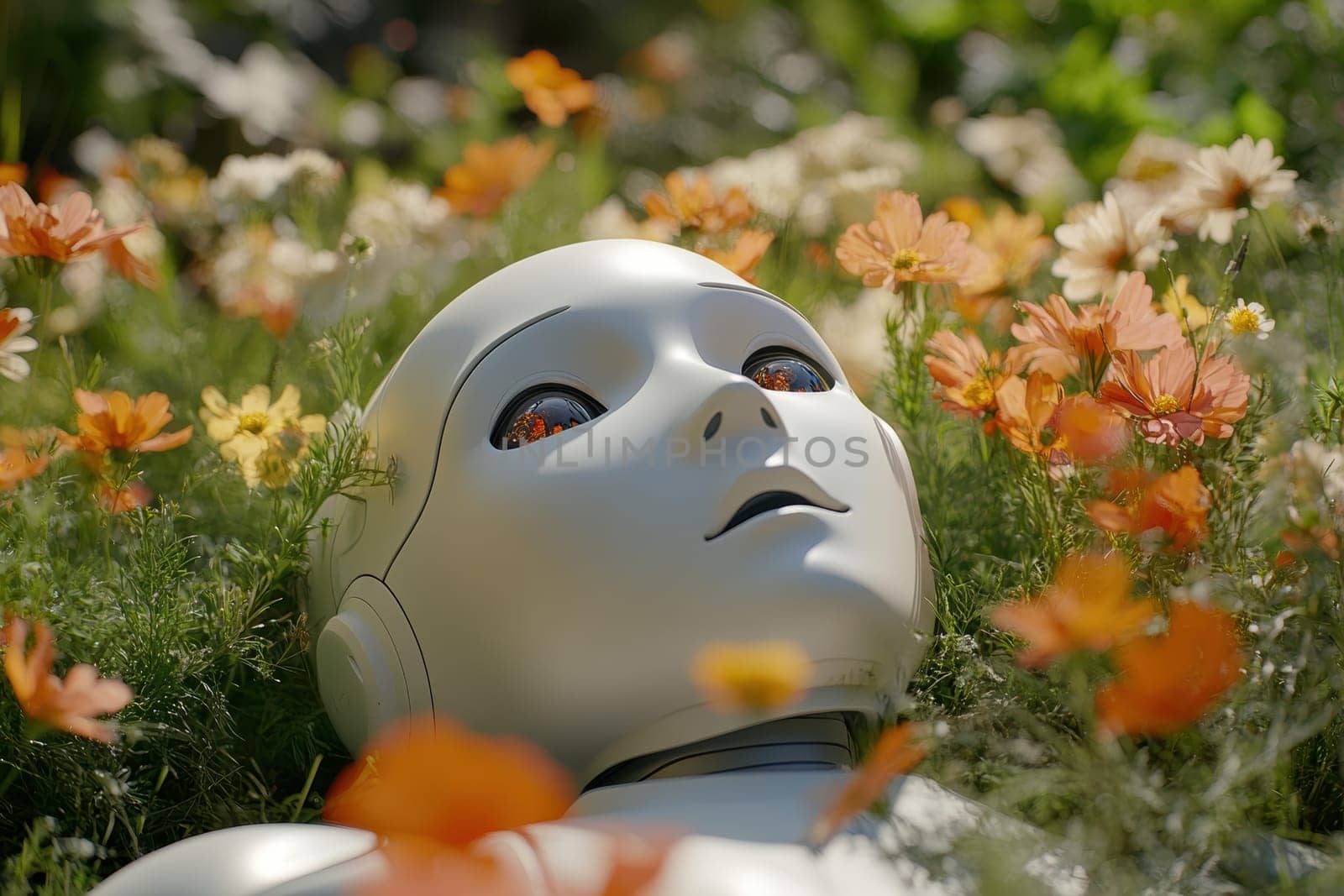 a robot, the robot lies on a green meadow with flowers. AI generative.