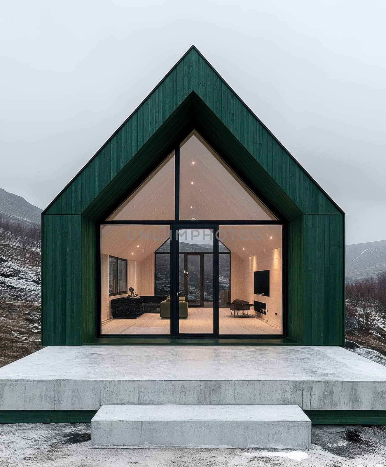modern gabled house and landscape of the far north. AI generative.