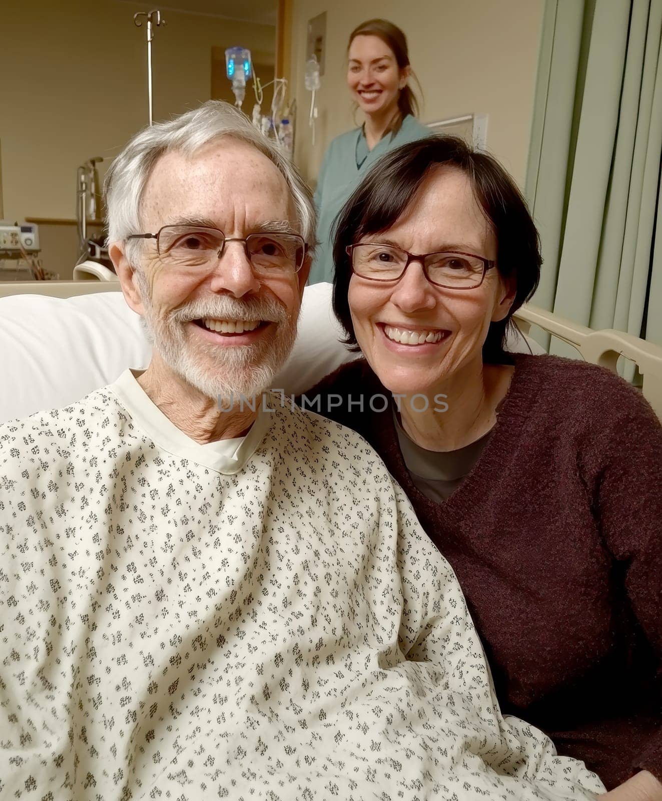 patient in a hospital gown, lying on a modern hospital bed next to a smiling nurse standing. AI generative.
