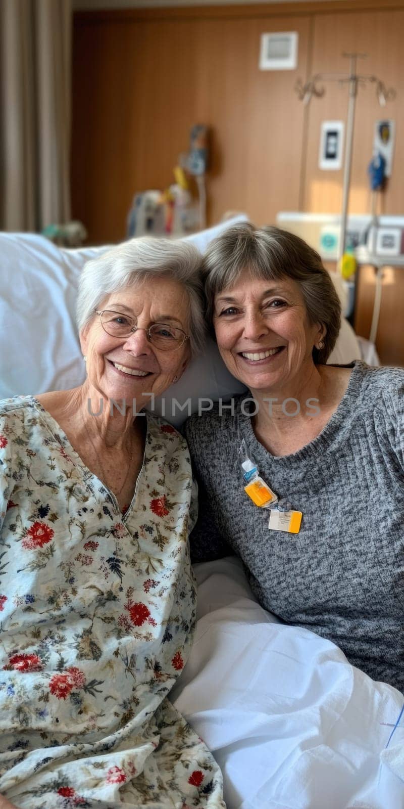 patient in a hospital gown, lying on a modern hospital bed next to a smiling nurse standing. AI generative.