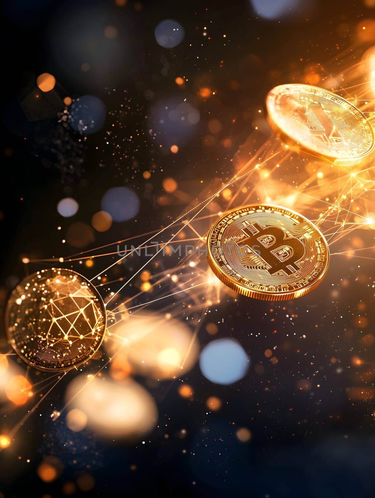 glowing bitcoin coins linked by complex blockchain networks, representing cryptocurrency, digital currency, decentralized systems, growing impact of crypto technology. AI generated image