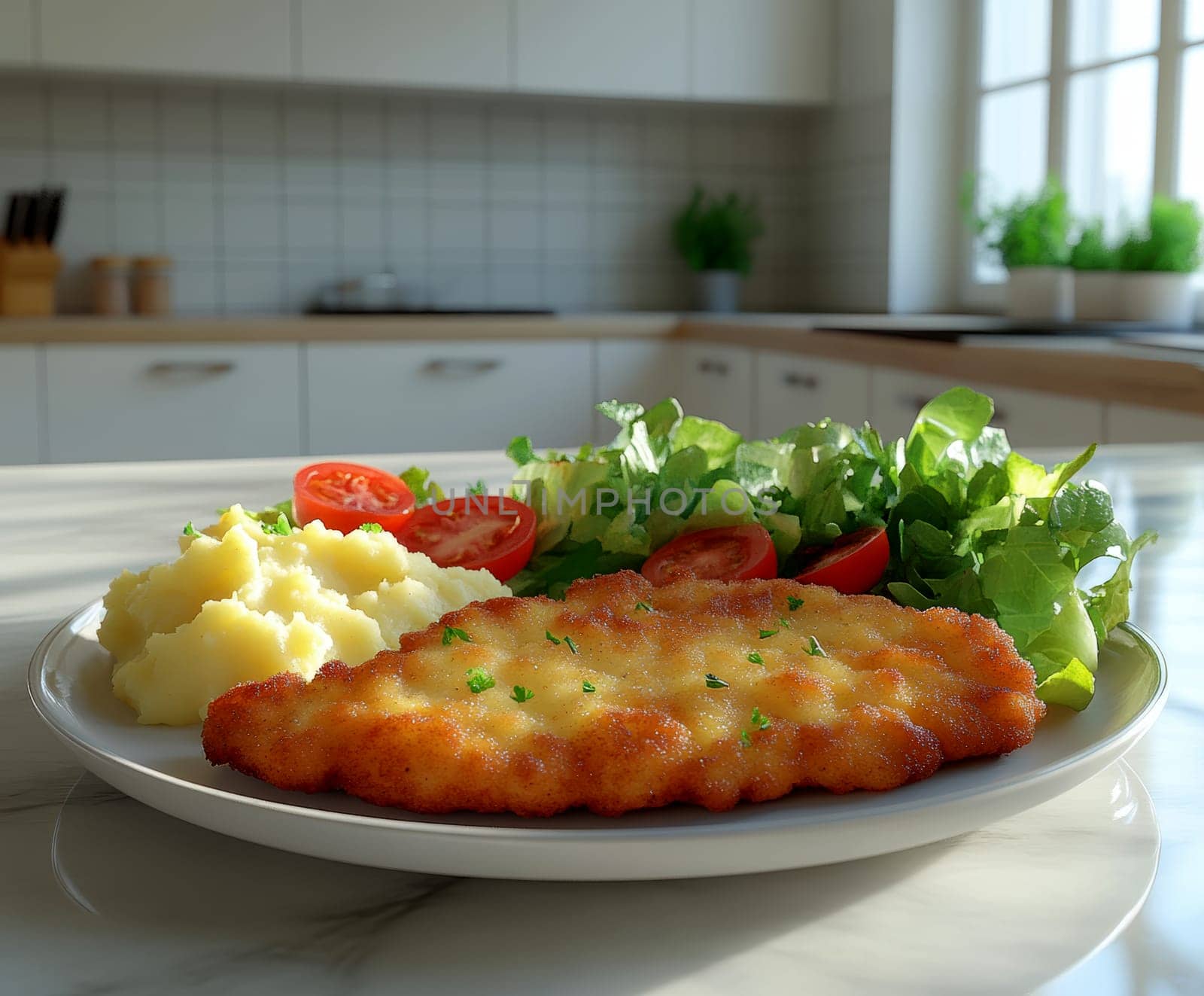 delicious homemade schnitzel on a plate, surrounded by fresh salad and a side of mashed potatoes. AI generative.