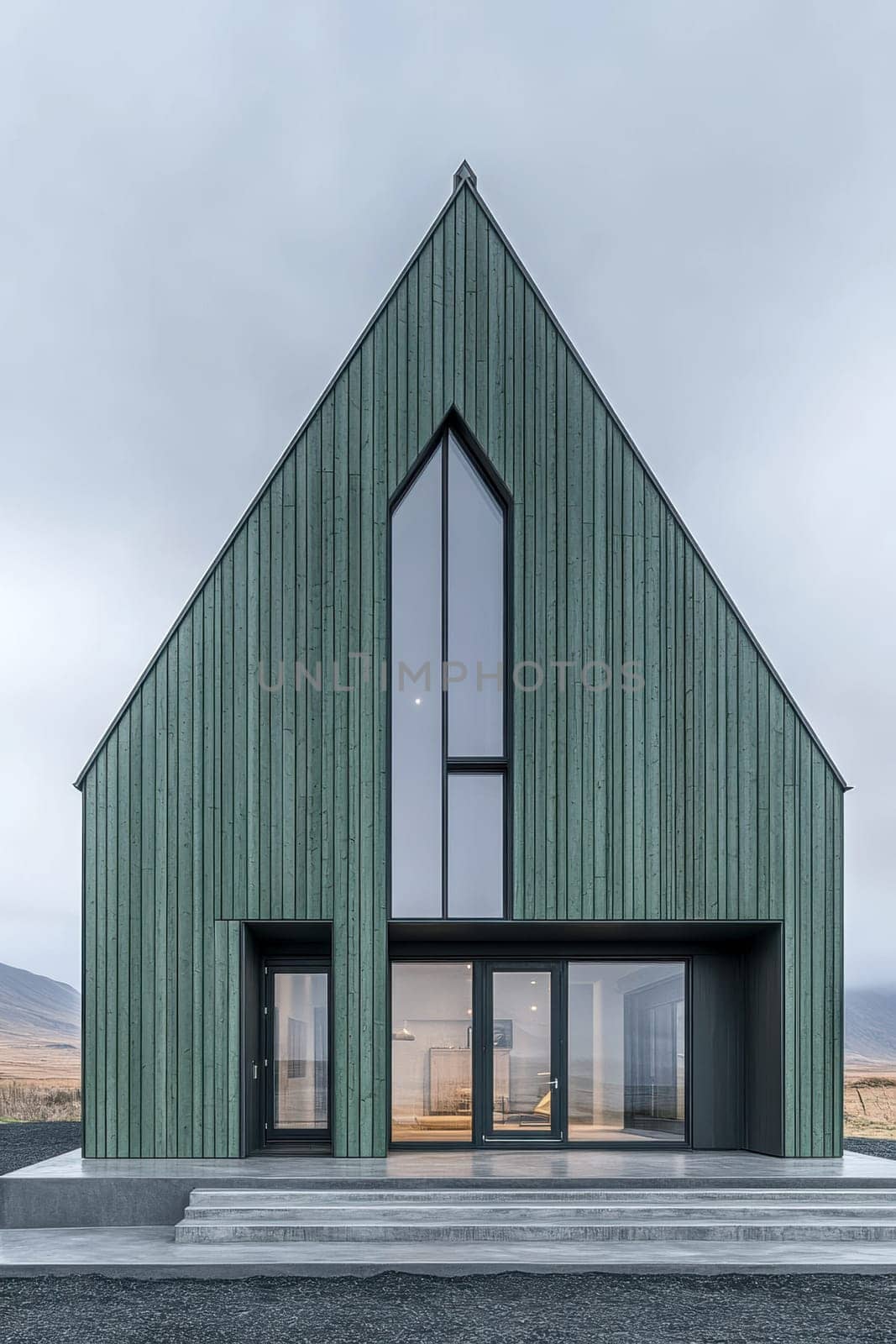 modern gabled house and landscape of the far north. AI generative.