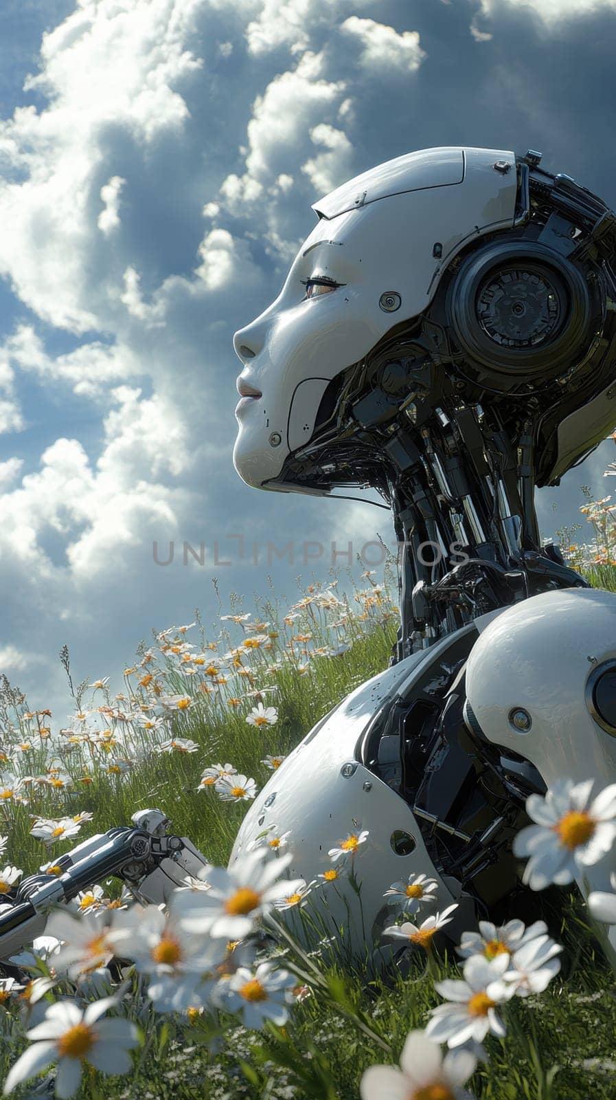 a robot, the robot lies on a green meadow with flowers. AI generative.