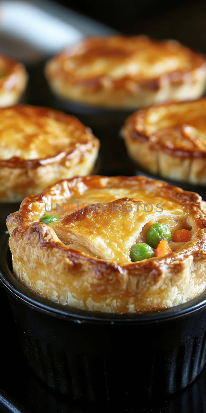 Golden mini chicken pot pie muffins with a flaky crust and creamy filling of chicken. AI generative.
