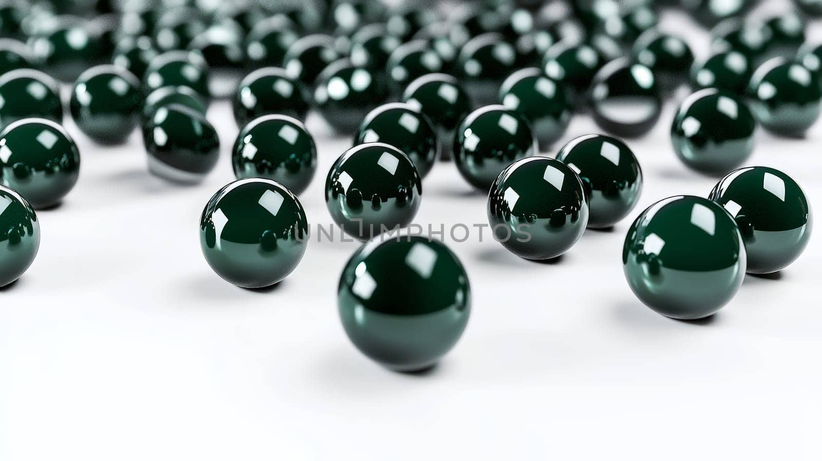 A minimalistic 3D render featuring scattered green pearls against a pristine white backdrop, highlighting the smooth, glossy texture and vibrant color of the pearls in a serene, high-quality presentation.