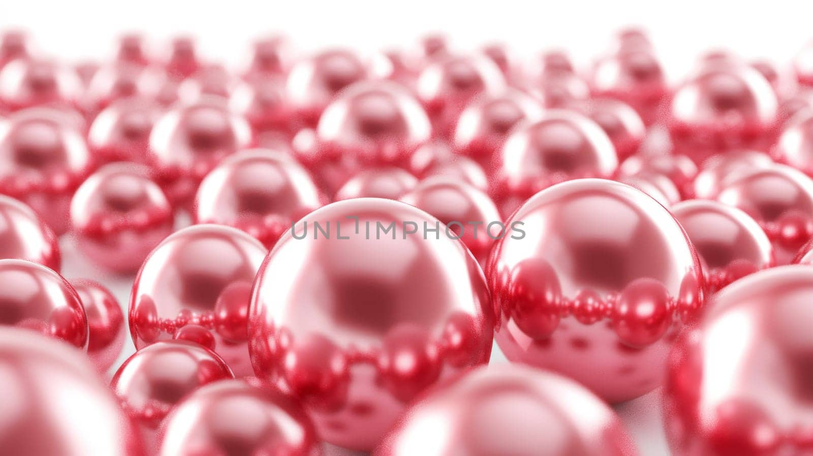 A 3D-rendered image showcasing a stunning collection of red pearls of varying sizes scattered across a white background. The vibrant red hues and glossy textures create a luxurious, high-contrast visual with impeccable detail.