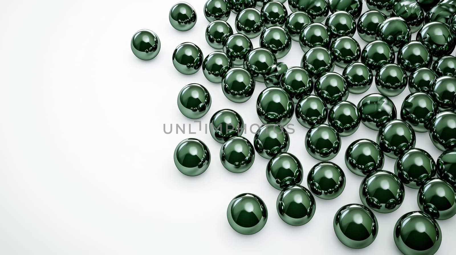 A minimalistic 3D render featuring scattered green pearls against a pristine white backdrop, highlighting the smooth, glossy texture and vibrant color of the pearls in a serene, high-quality presentation.