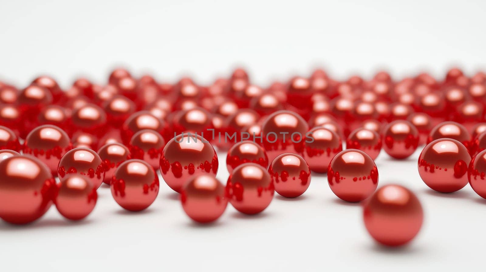 A 3D-rendered image showcasing a stunning collection of red pearls of varying sizes scattered across a white background. The vibrant red hues and glossy textures create a luxurious, high-contrast visual with impeccable detail.
