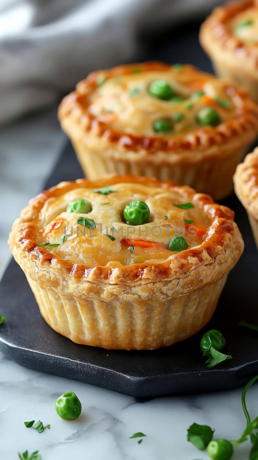 Golden mini chicken pot pie muffins with a flaky crust and creamy filling of chicken. AI generative.