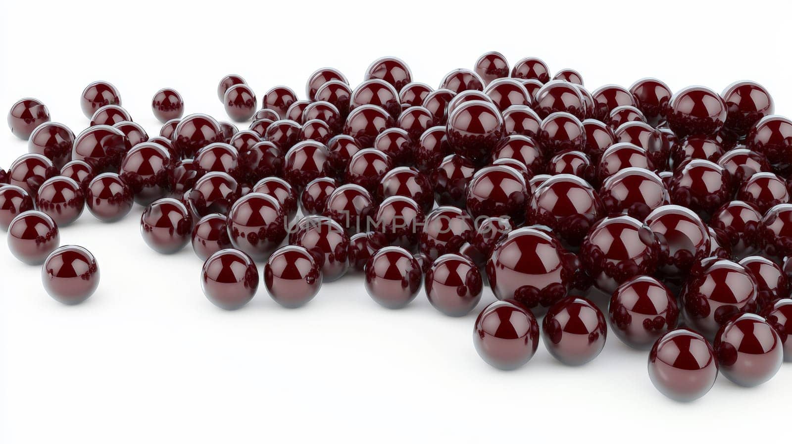 A 3D-rendered image showcasing a stunning collection of red pearls of varying sizes scattered across a white background. The vibrant red hues and glossy textures create a luxurious, high-contrast visual with impeccable detail.