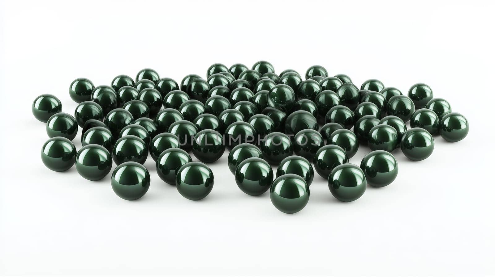 A minimalistic 3D render featuring scattered green pearls against a pristine white backdrop, highlighting the smooth, glossy texture and vibrant color of the pearls in a serene, high-quality presentation.
