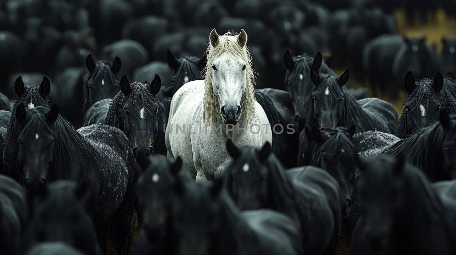 A hyper-realistic image capturing a striking white horse standing prominently in the center of a vast herd of black horses. The high-resolution detail emphasizes the contrast between the singular white horse and the surrounding sea of dark figures, creating a powerful and captivating visual.