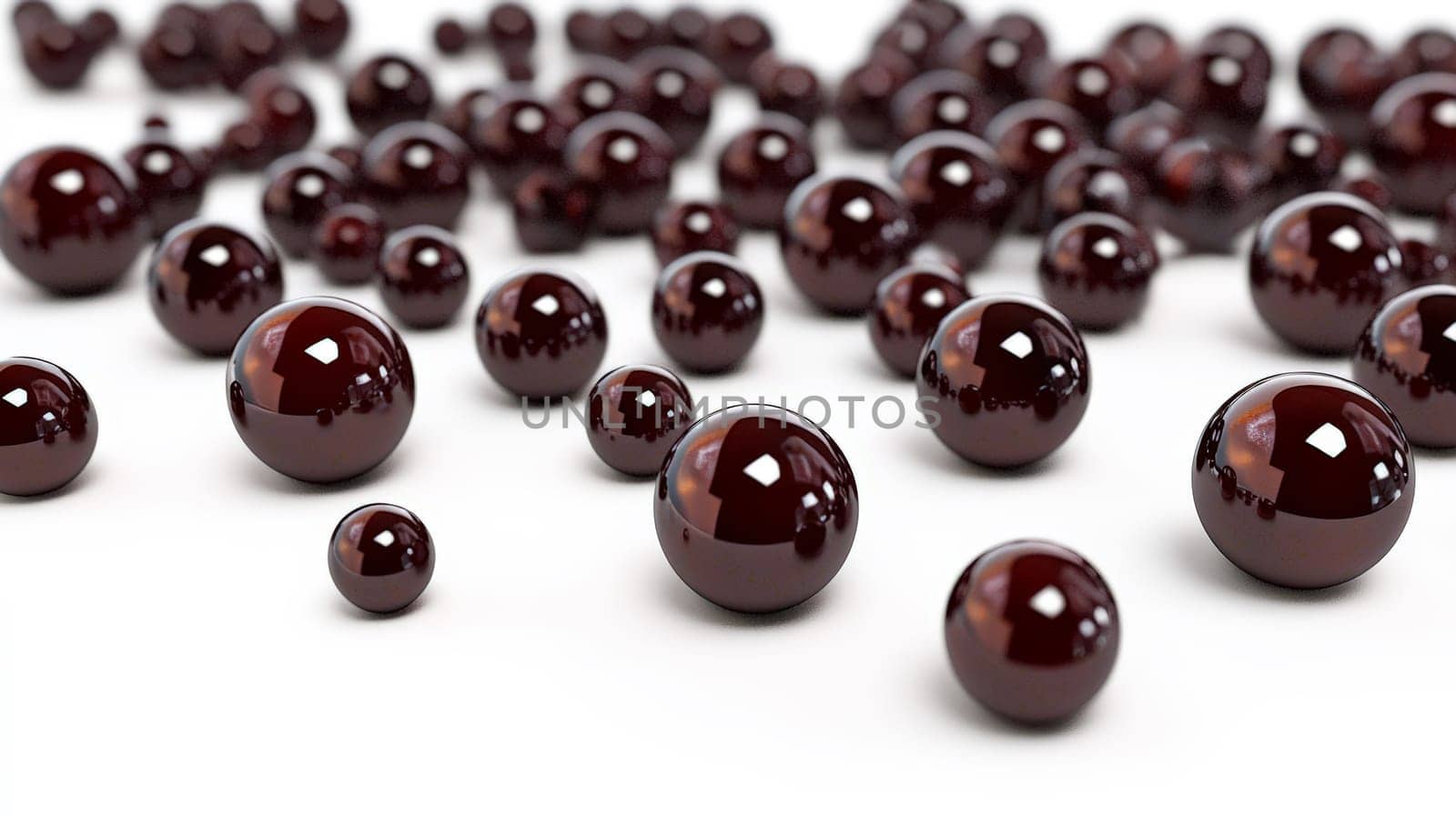 A 3D-rendered image showcasing a stunning collection of red pearls of varying sizes scattered across a white background. The vibrant red hues and glossy textures create a luxurious, high-contrast visual with impeccable detail.