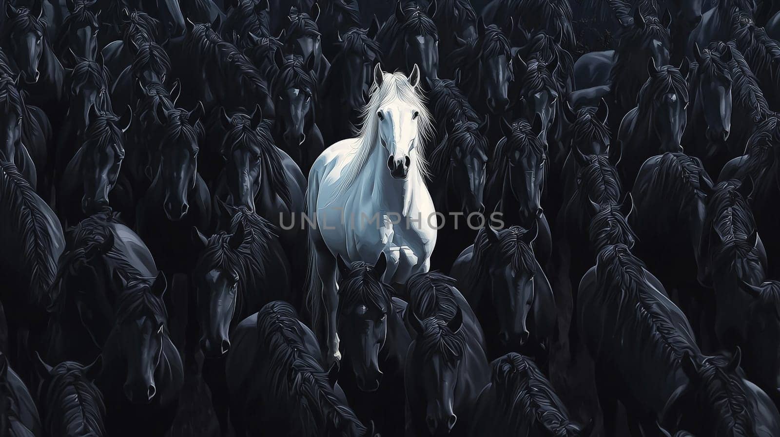 A hyper-realistic image capturing a striking white horse standing prominently in the center of a vast herd of black horses. The high-resolution detail emphasizes the contrast between the singular white horse and the surrounding sea of dark figures, creating a powerful and captivating visual.