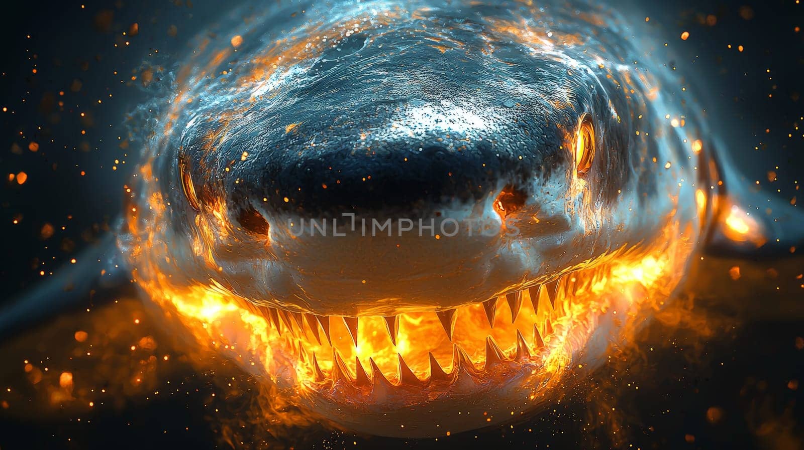 This hyper-detailed 3D rendering presents an abstract interpretation of a shark theme, set against an orange and black background. The design is rich in high contrast and intricate details, highlighting the fluid yet powerful form of the shark in a visually captivating and modern style.